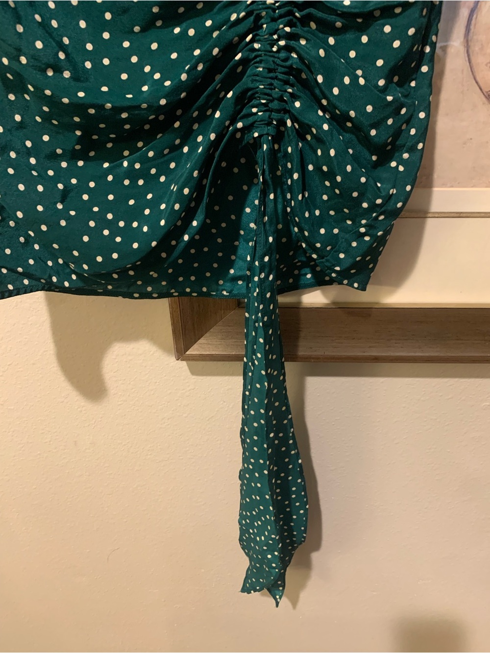 Anthropologie/ Maeve Teal 100% Silk Polka Dot Ruched Cowl Neck Blouse - Picture 10 of 10